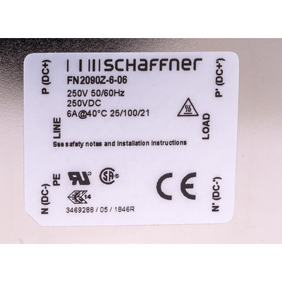 Schaffner, FN2090 6A 250 V ac/dc 0 → 400Hz, Chassis Mount EMI Filter, Fast-On, Single Phase