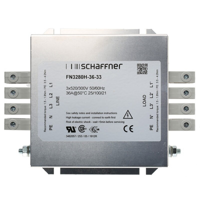Schaffner, FN3280 36A 520/300 V ac 60Hz, Chassis Mount EMI Filter, Terminal Block 3 Phase