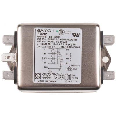 TE Connectivity, Corcom AYO 6A 250 V ac 50Hz, Flange Mount RFI Filter, Spade 3 Phase