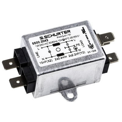 Schurter, FMW2 10A 250 V ac 60Hz, Flange Mount RFI Filter, Solder Tab, Single Phase