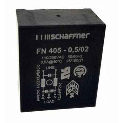 Schaffner, FN405 500mA 250 V ac 400Hz, PCB Mount EMI Filter, Pin, Single Phase