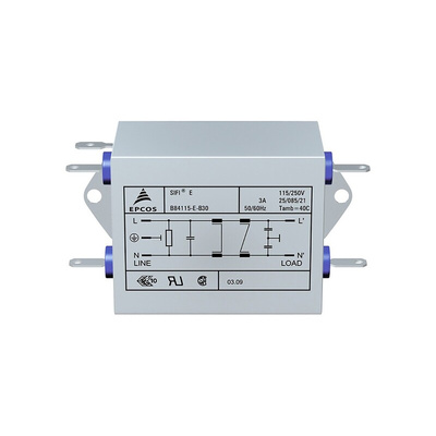 EPCOS, B84115E 3A 250 V ac/dc 50/60Hz EMC Filter, Tab, Single Phase