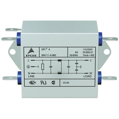 EPCOS B84111A Series 3A 250 V ac 60Hz Flange Mount RFI Filter, with Tab Terminals, Single Phase