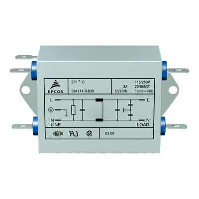 EPCOS B84114D Series 10A 250 V ac 50 → 60Hz Flange Mount RFI Filter, with Tab Terminals, Single Phase