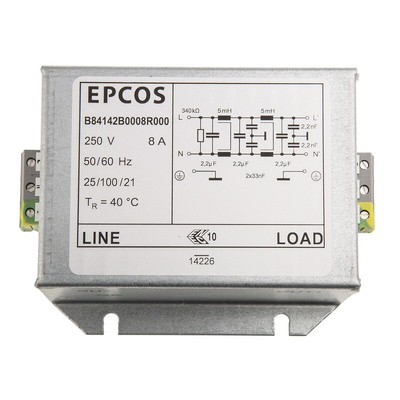 EPCOS, B84142B*R000 8A 250 V ac/dc 60Hz, Screw Mount EMC Filter, Terminal Block, Single Phase