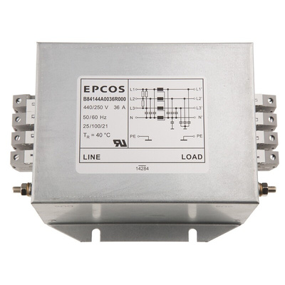 EPCOS, B84144A*R000 36A 440 V ac 50 → 60Hz, Flange Mount EMC Filter, Tab 3 Phase