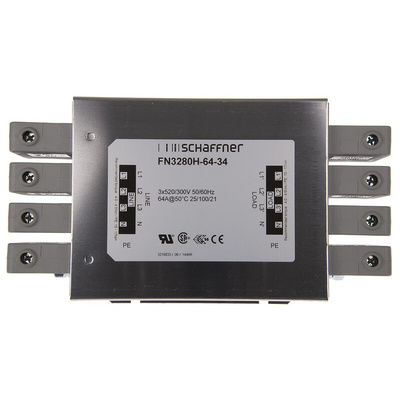 Schaffner, FN3280 64A 520/300 V ac 60Hz, Chassis Mount EMI Filter, Terminal Block 3 Phase