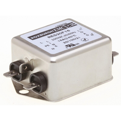 Roxburgh EMC, RES20 16A 250 V ac DC → 400Hz, Chassis Mount RFI Filter, Fast-On, Single Phase