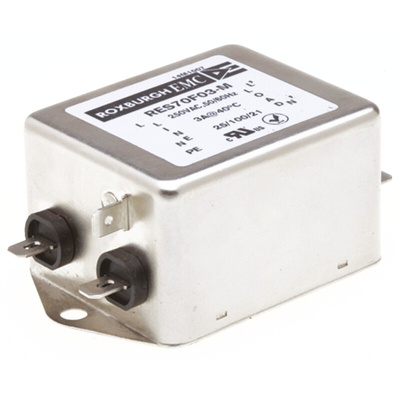 Roxburgh EMC, RES70 3A 250 V ac DC → 400Hz, Chassis Mount RFI Filter, Fast-On, Single Phase