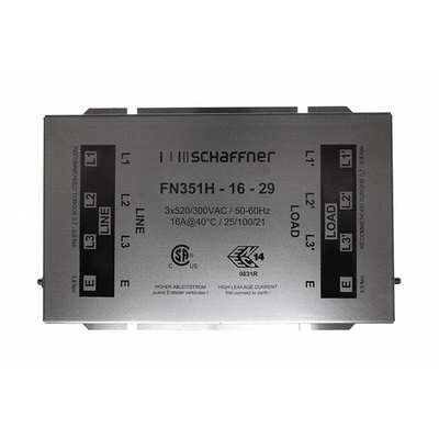 Schaffner, FN351 16A 520/300 V ac 0 → 60Hz, Chassis Mount EMC Filter, Terminal Block 3 Phase