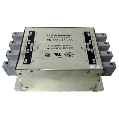 Schaffner, FN356 25A 440/250 V ac 0 → 60Hz, Chassis Mount EMI Filter, Terminal Block 3 Phase