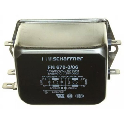 Schaffner, FN670 3A 250 V ac DC → 400Hz, Chassis Mount EMI Filter, Quick Connect, Single Phase