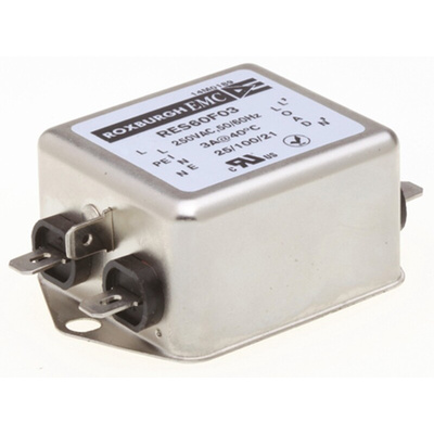 Roxburgh EMC, RES60 3A 250 V ac DC → 400Hz, Chassis Mount RFI Filter, Fast-On, Single Phase