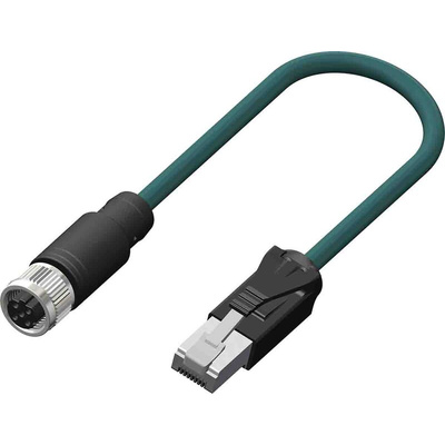 RS PRO Cat5e Straight Female M12 to Male RJ45 Ethernet Cable, Teal PUR Sheath, 5m