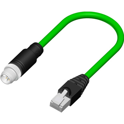 RS PRO Cat6a Straight Male M12 to Male RJ45 Ethernet Cable, Tinned Copper Braid, Green PVC Sheath, 1m