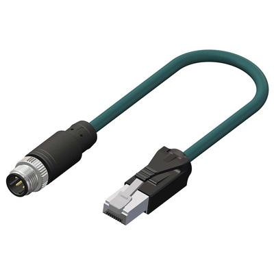 RS PRO Cat5e Straight Male M12 to Male RJ45 Ethernet Cable, Teal PUR Sheath, 500mm