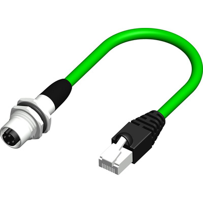 Cat5e Straight Female M12 to Male RJ45 Ethernet Cable, Braid, Green PVC Sheath, 500mm