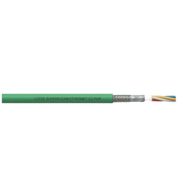 F Lutze Ltd Cat5e Straight Male RJ45 to Straight Male RJ45 Ethernet Cable, Braid, Foil, Green PVC Sheath, 50m, Flame