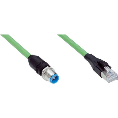 Sick Straight Male M12 to Male RJ45 Ethernet Cable, Green PUR Sheath, 2m