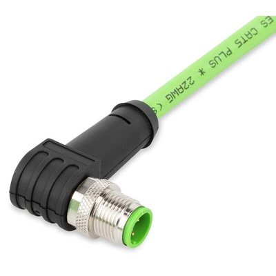 Wago Cat5e Right Angle Male M12 to Ethernet Cable, Aluminium Foil, Tinned Copper Braid, Green Polyurethane Sheath, 2m,