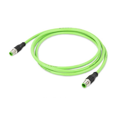 Wago Cat5e Straight Male M12 to Straight Male M12 Ethernet Cable, Aluminium Foil, Tinned Copper Braid, Green