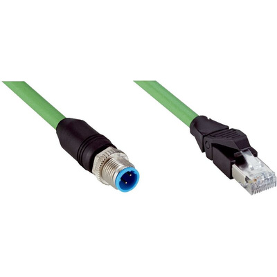 Sick Straight Male M12 to Male RJ45 Ethernet Cable, Green PUR Sheath, 10m