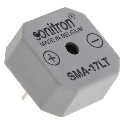 Sonitron 86dB Through Hole Continuous Internal Buzzer, 17.5 x 17.5 x 8mm, 1.5V dc Min, 15V dc Max