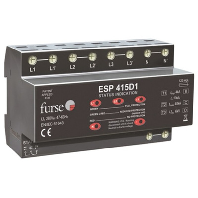 WJ Furse, D1 Lightning / Surge Arrester 280 V Maximum Voltage Rating 6.25kA Maximum Surge Current Mains Surge Protector