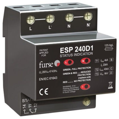 WJ Furse, D1 Lightning / Surge Arrester 280 V Maximum Voltage Rating 6.25kA Maximum Surge Current Mains Surge Protector