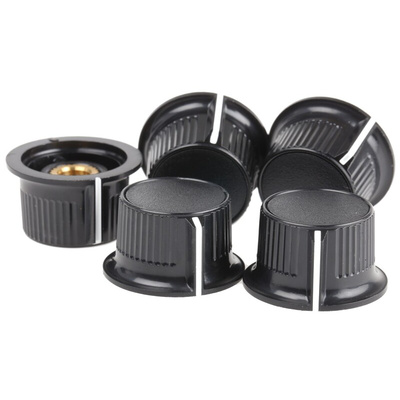 RS PRO 28mm Black Potentiometer Knob for 6.35mm Shaft Splined