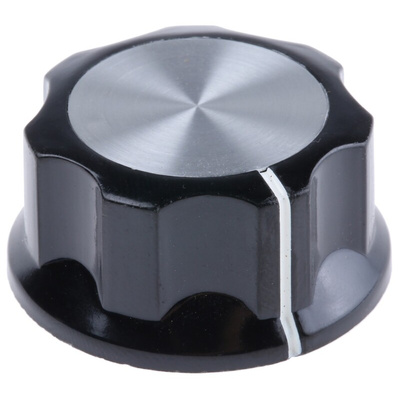 TE Connectivity 33mm Black Potentiometer Knob for 6.35mm Shaft Splined, PKES120B1/4