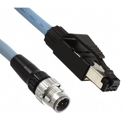Omron Cat5e Right Angle Male M12 to Straight Male RJ45 Ethernet Cable, Black PUR Sheath, 5m, Self-extinguishing